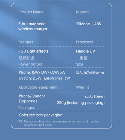 Product details of a 3-in-1 magnetic wireless charger on a blue background