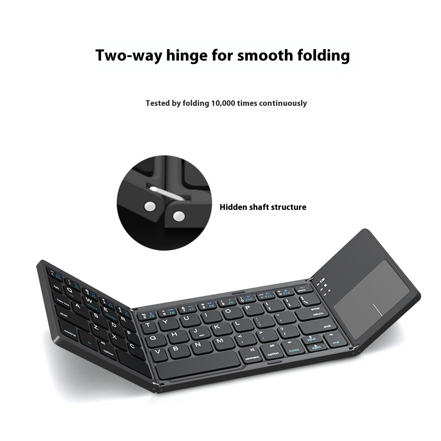 Foldable keyboard with two-way hinge feature on a white background