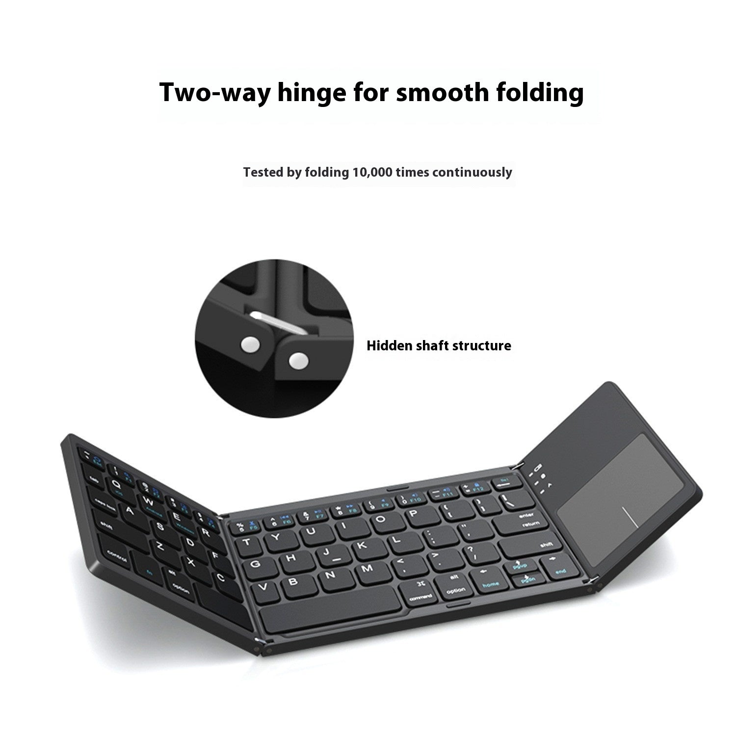 Foldable keyboard with two-way hinge feature on a white background