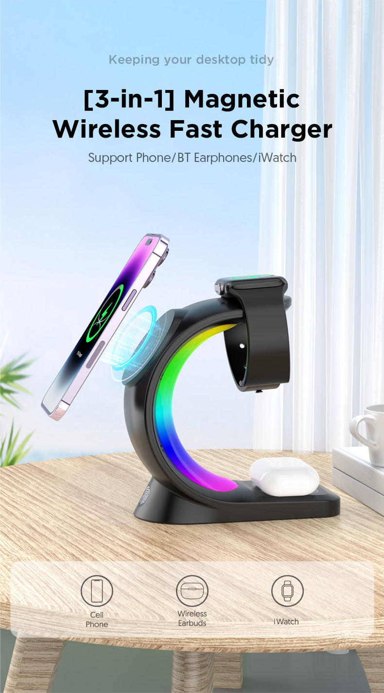 3-in-1 magnetic wireless fast charger on a desk with a phone, watch, and earbuds.