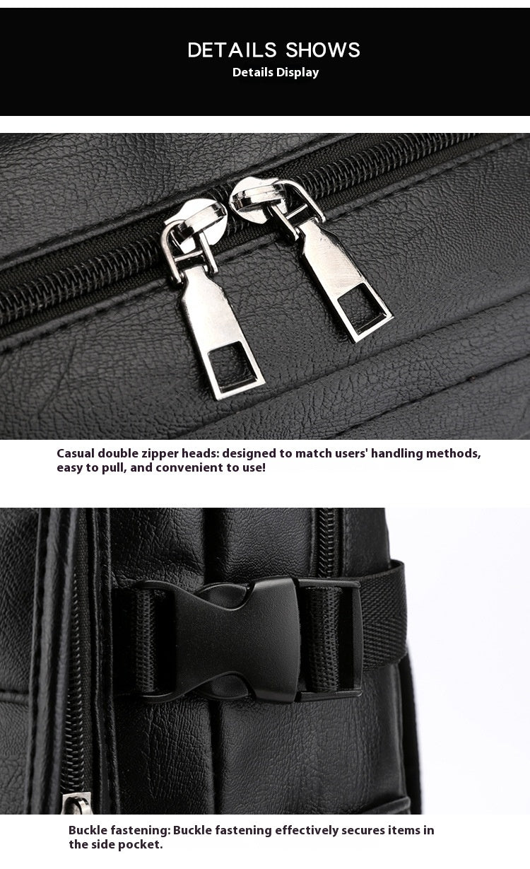 Close-up of a black bag with zipper and buckle details, featuring text on functionality.