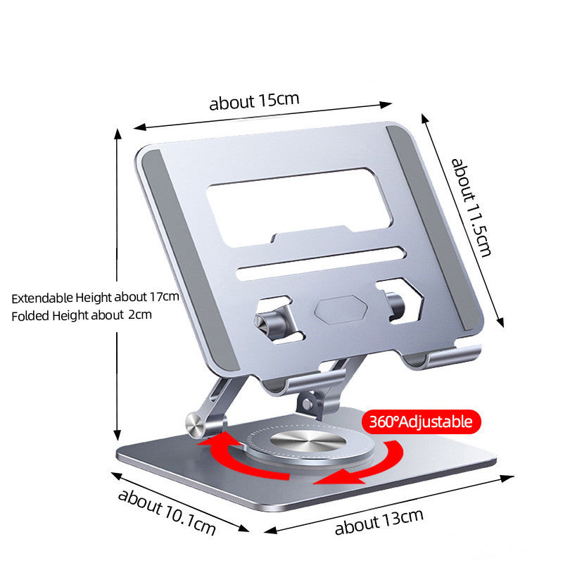 360-degree adjustable phone stand with dimensions on a white background