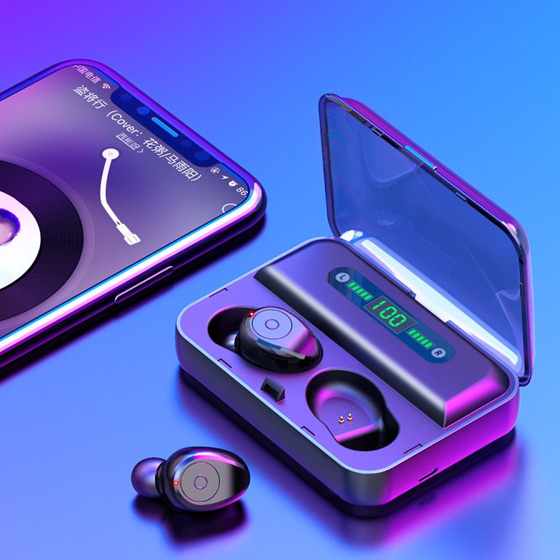 Wireless earbuds with charging case on a blue background