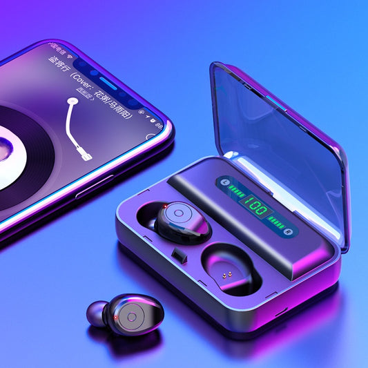 Wireless earbuds with charging case on a blue background