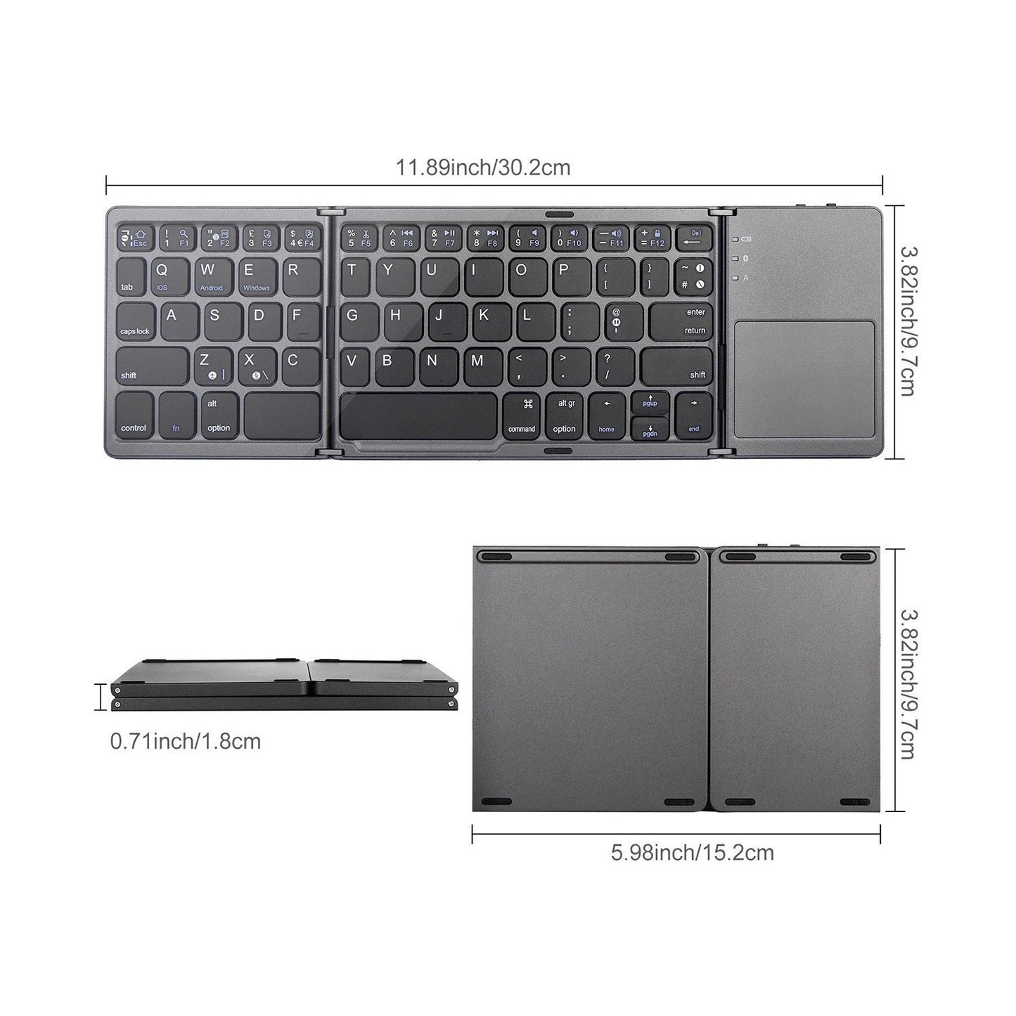 Foldable keyboard with dimensions displayed on a white background