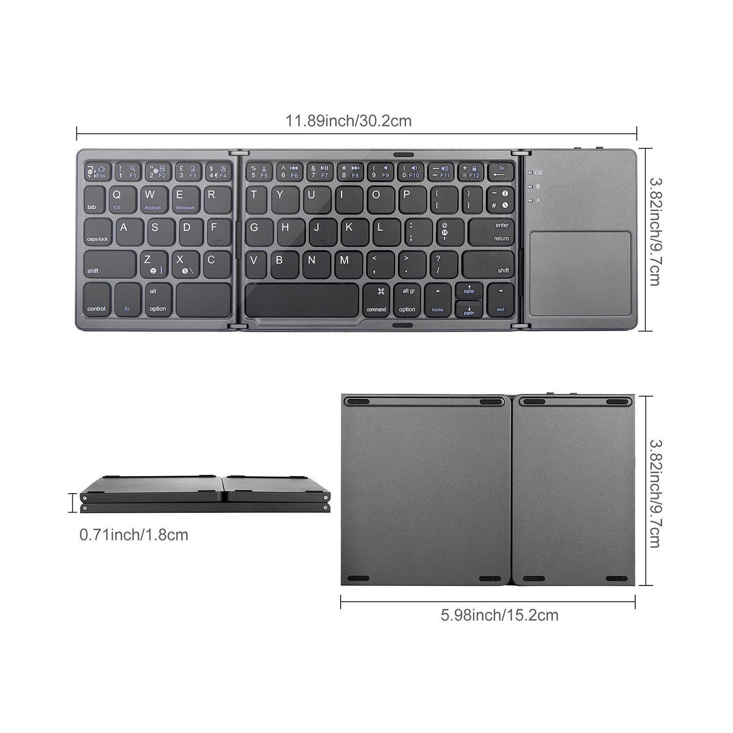 Foldable keyboard with dimensions displayed on a white background