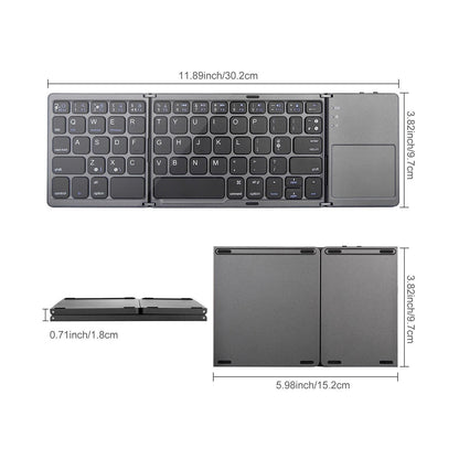 Foldable keyboard with dimensions displayed on a white background