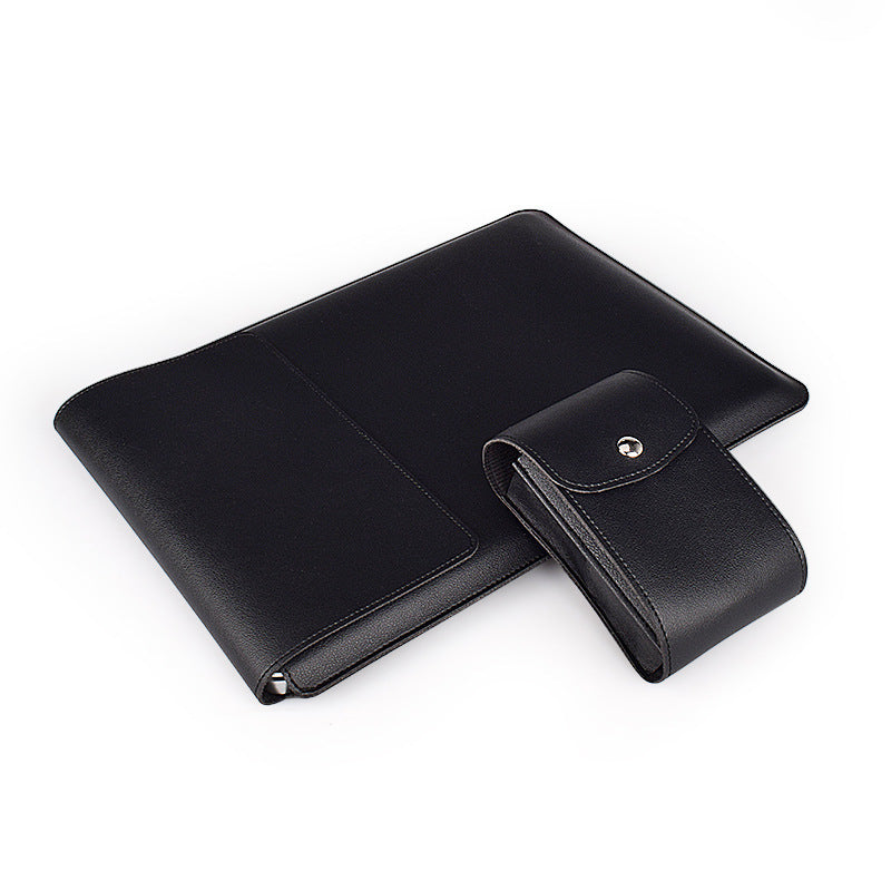 Black leather planner and smaller black leather case on a white background