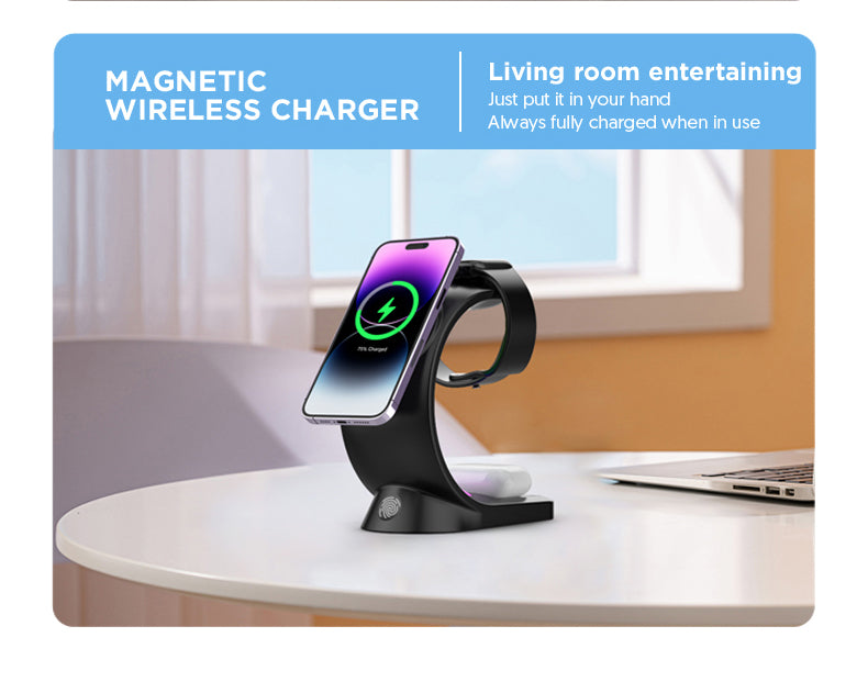 Magnetic wireless charger on a table with a phone on top, living room background