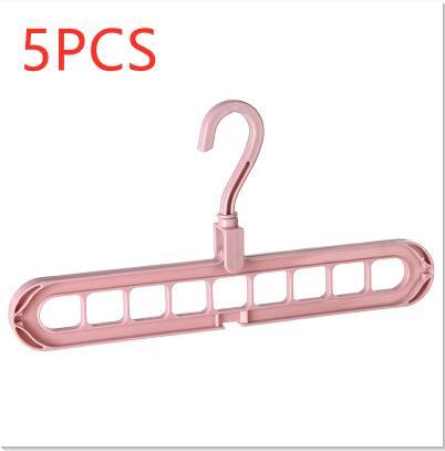 Pink plastic hangers with multiple hooks on a white background, labeled '5PCS'.