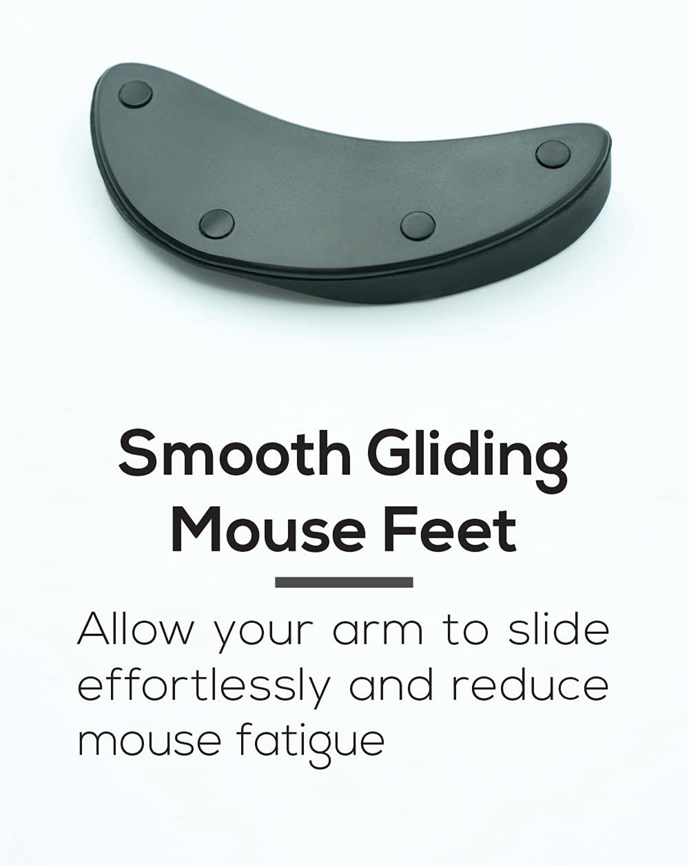 Black mouse feet glide on a white background with text about reducing arm fatigue.