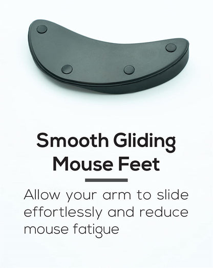 Black mouse feet glide on a white background with text about reducing arm fatigue.