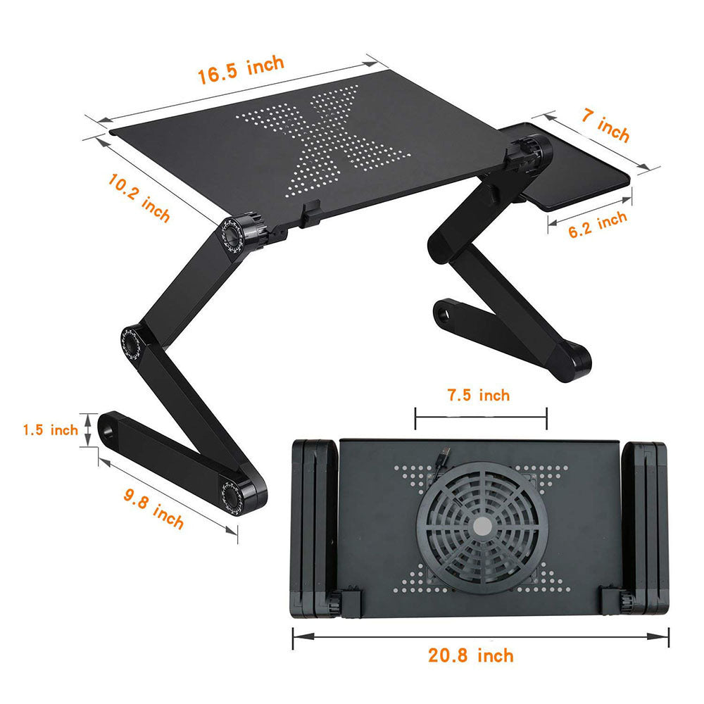 Black adjustable laptop desk with dimensions labeled on a white background