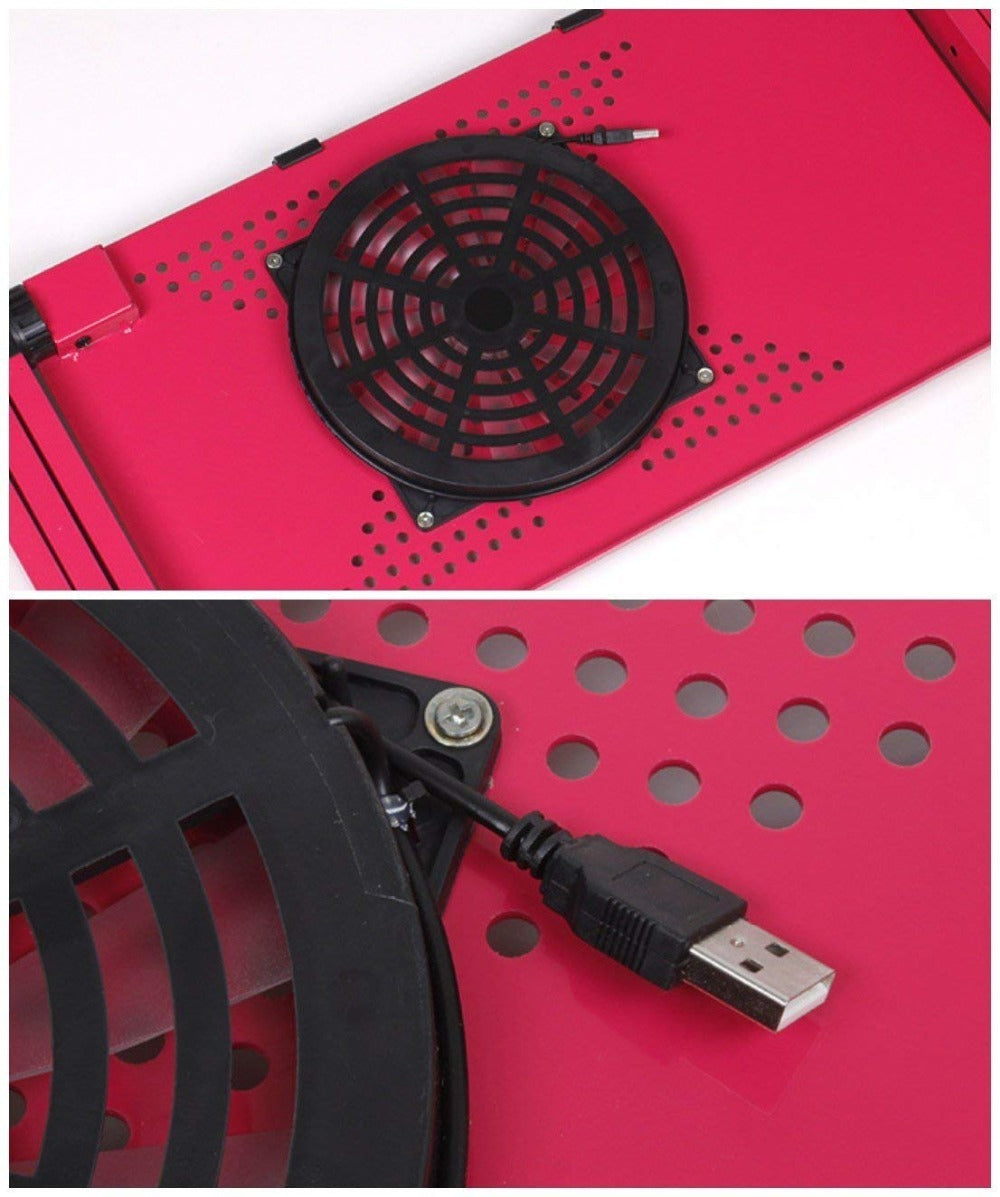 Red laptop cooling pad with black fan and USB cable on a white background