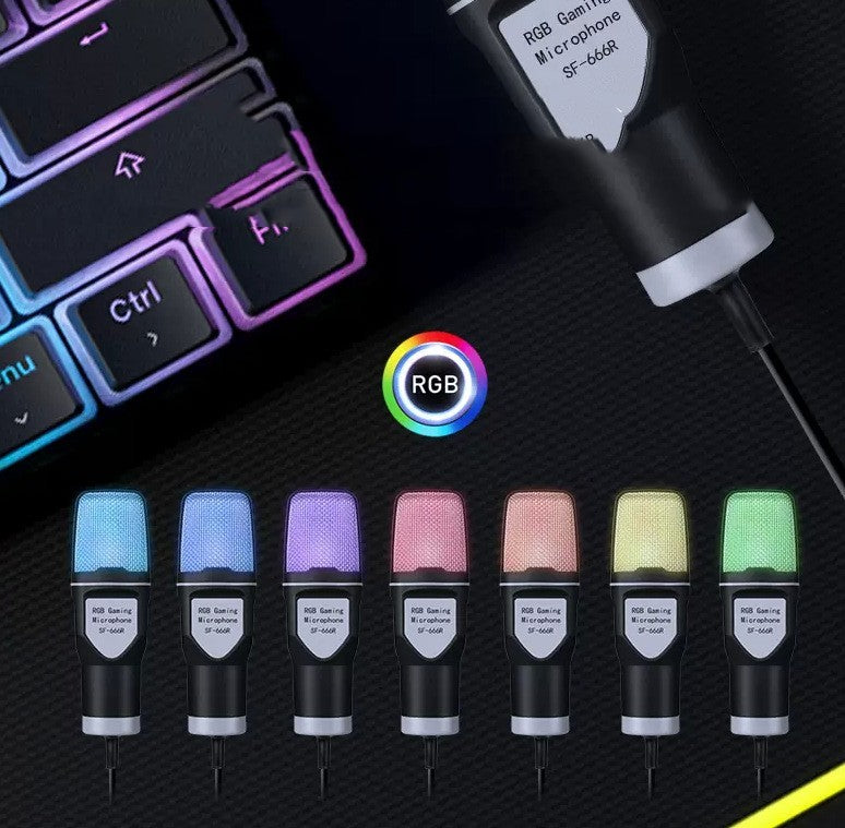 RGB gaming microphone with color-changing light on a black surface