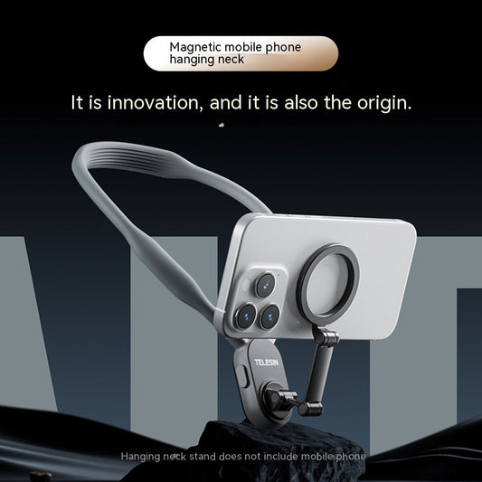 Magnetic phone hanging neck stand with text on a dark background