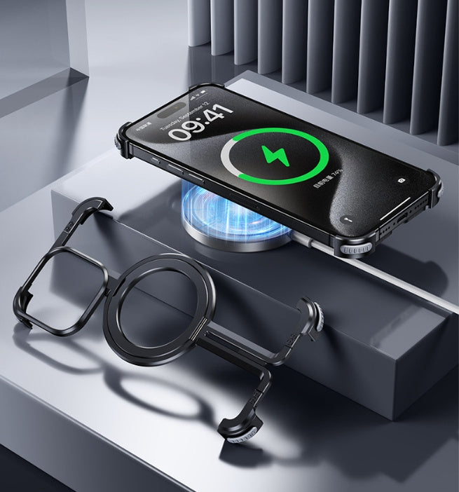 Smartphone with wireless charging pad and carabiner on a modern surface