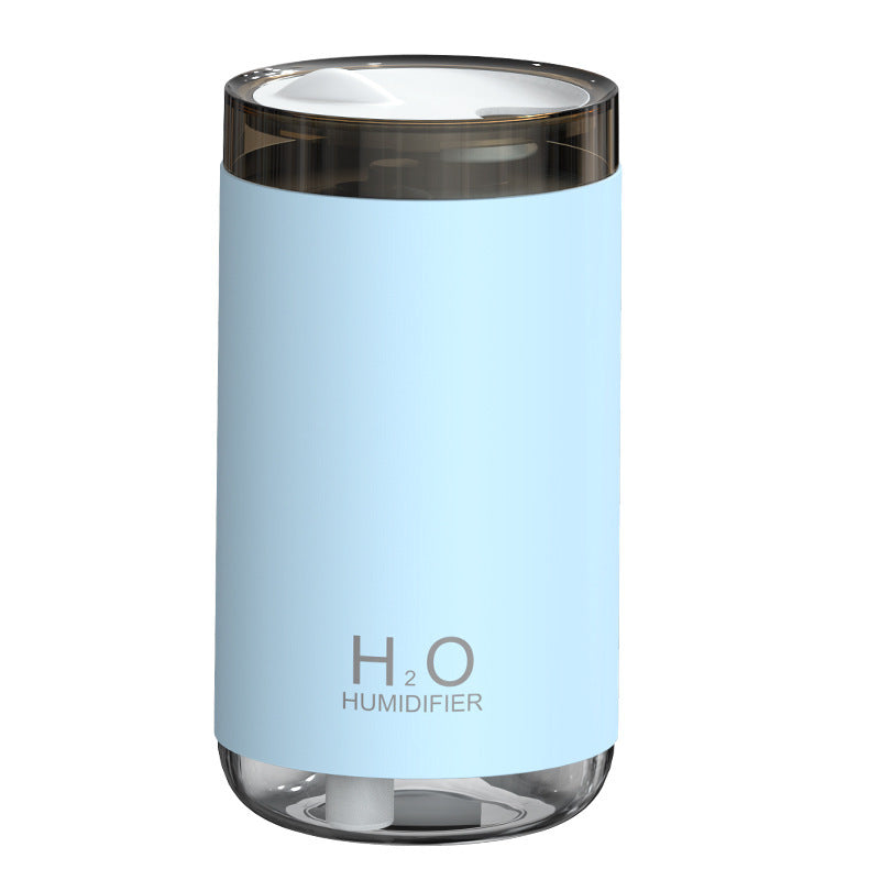 Blue humidifier with 'H2O' branding on a white background