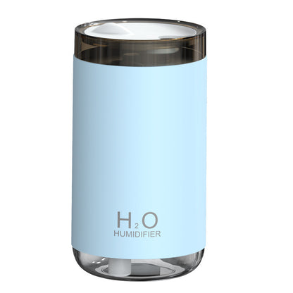 Blue humidifier with 'H2O' branding on a white background