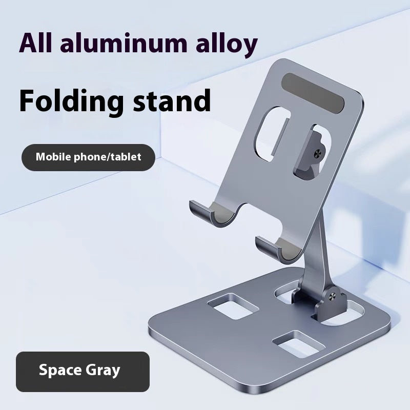 Space gray folding stand for mobile phone or tablet on a light blue background