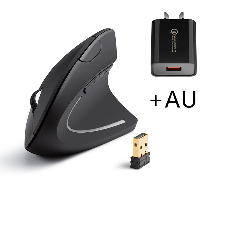 Black ergonomic mouse, USB receiver, and wall adapter on a white background