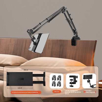 Adjustable arm mount on a headboard with product features and dimensions displayed.