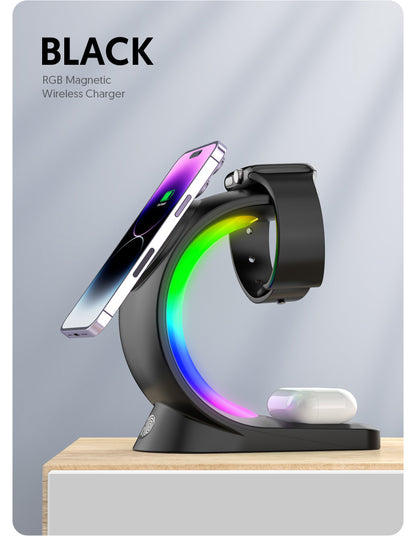 Black RGB magnetic wireless charger with phone, watch, and mouse on a wooden surface.