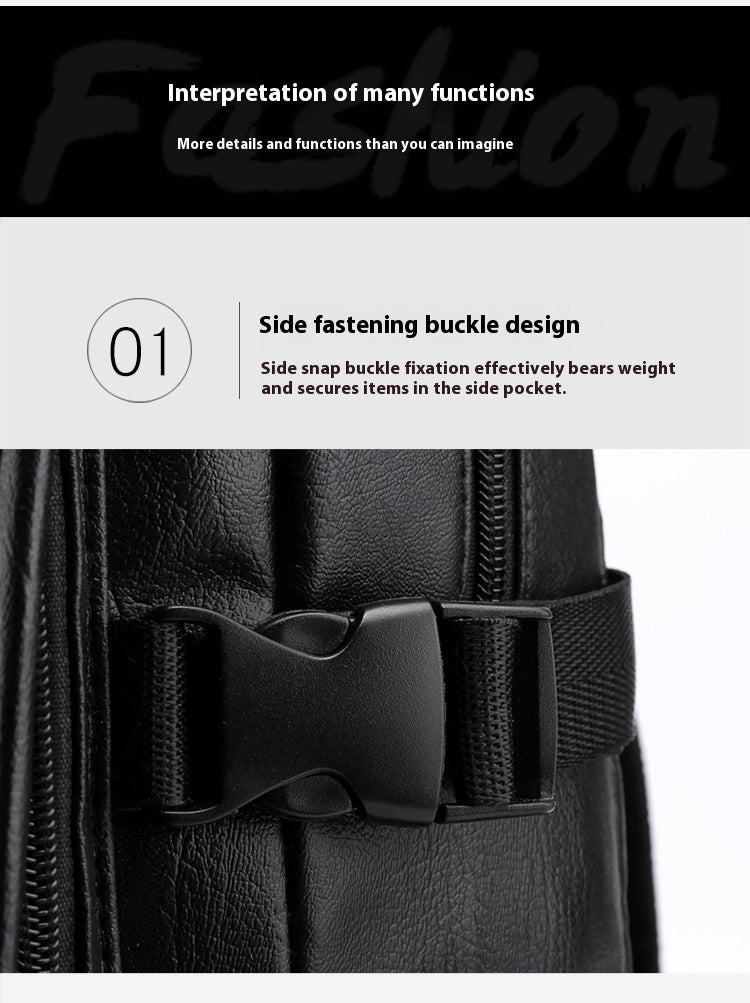 Black bag with side fastening buckle design on a white background