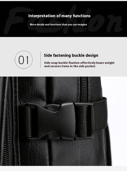 Black bag with side fastening buckle design on a white background