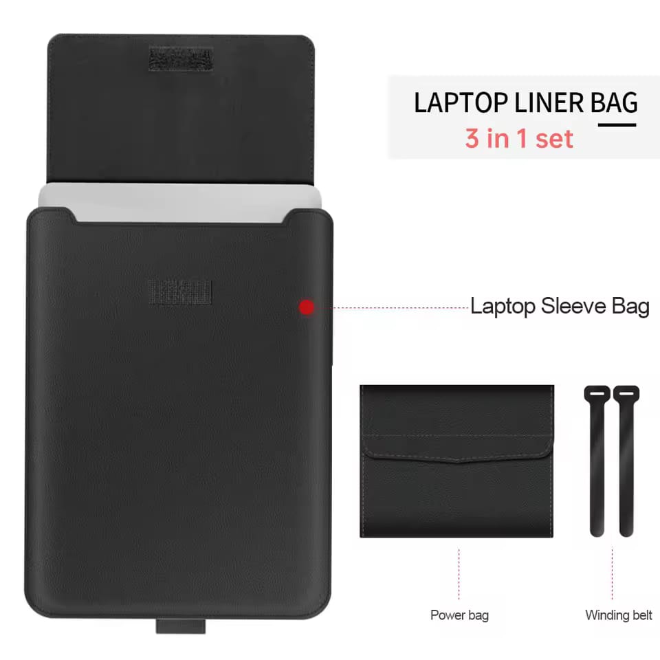 Black laptop liner bag with accessories on a white background