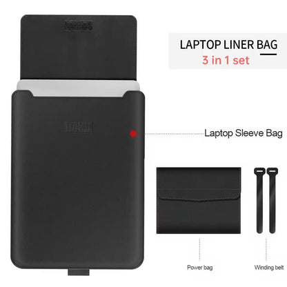 Black laptop liner bag with accessories on a white background