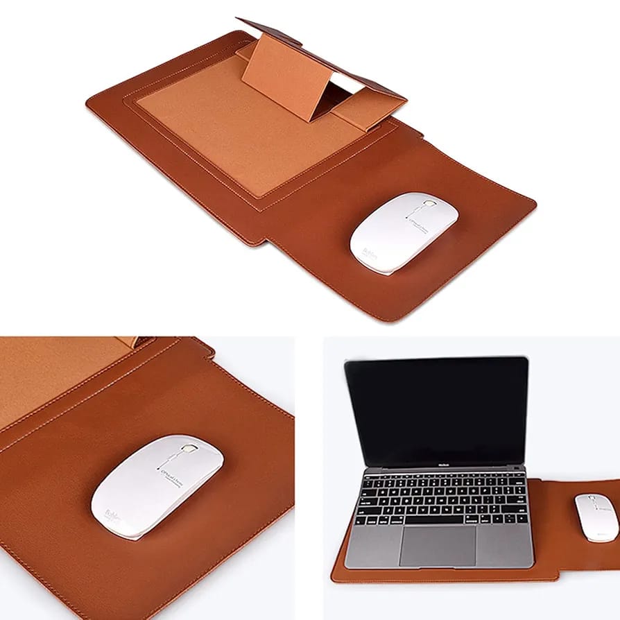 Brown leather desk pad with a mouse and laptop on a white background