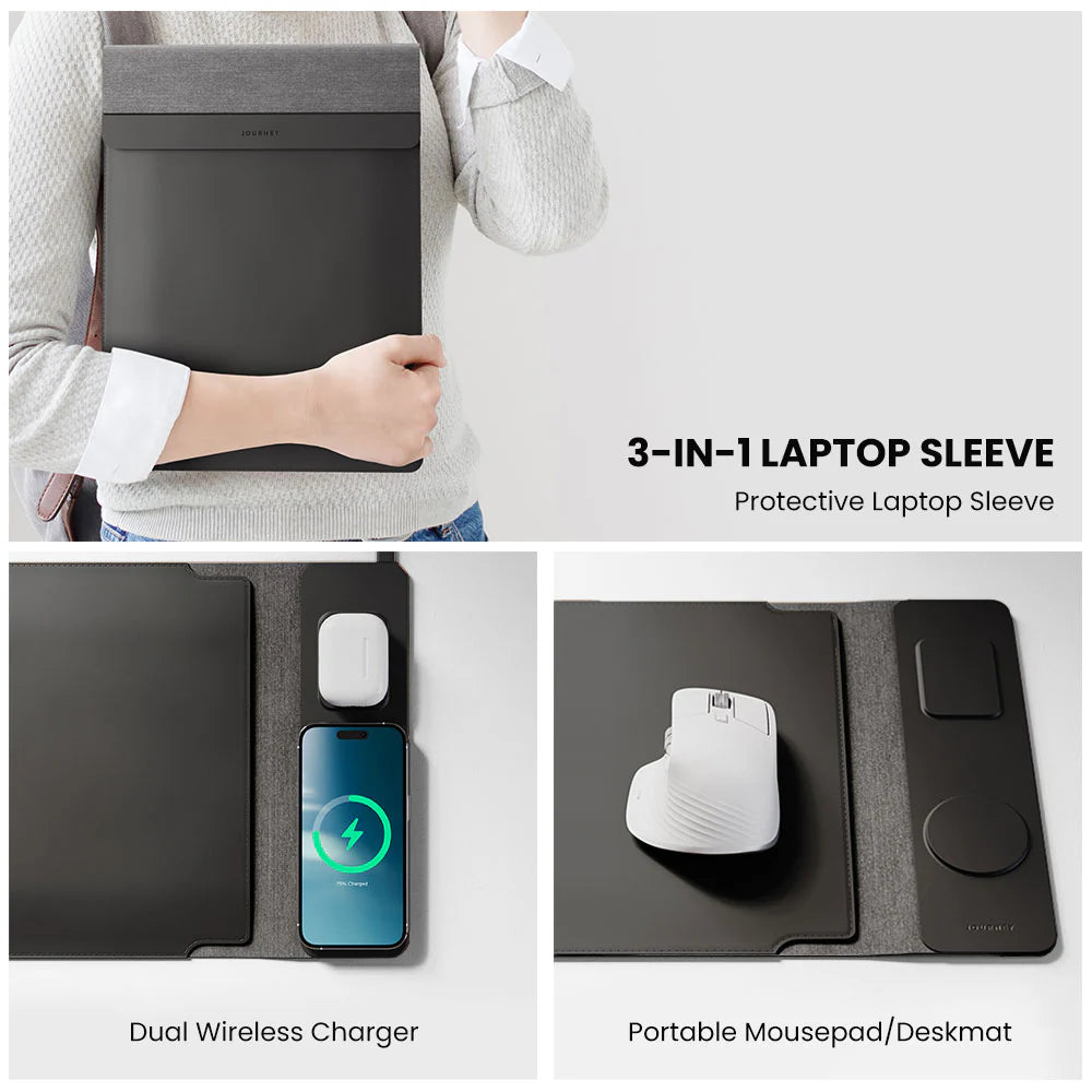 3-in-1 laptop sleeve with dual wireless charger and portable mousepad.
