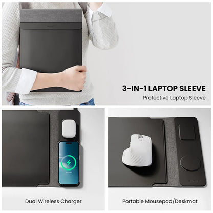 3-in-1 laptop sleeve with dual wireless charger and portable mousepad.