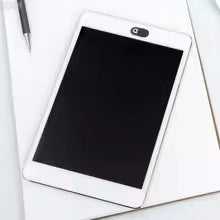 Digital tablet with a black screen on a white surface