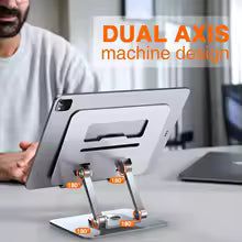Tablet stand with dual-axis design on a desk, featuring 'Dual Axis' text.