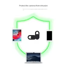 Diagram showing a shield protecting a camera from intrusion with icons of a smartphone, lock, and laptop.