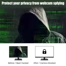 Hooded figure with text 'Protect your privacy from webcam spying' and before/after images of a computer screen.