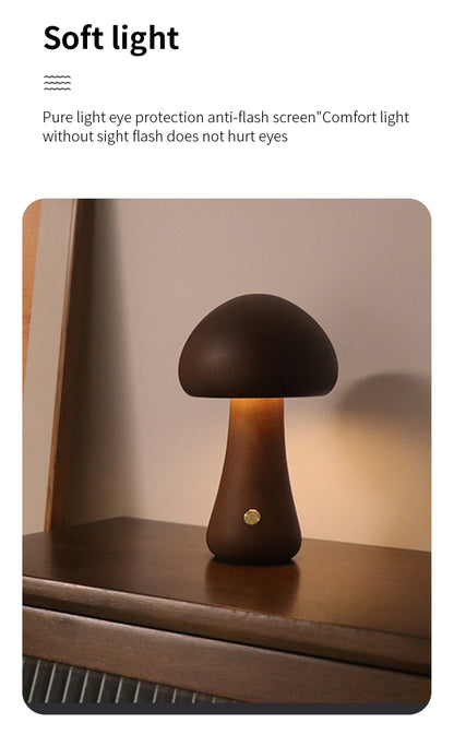 Mushroom-shaped lamp on a wooden surface with text about soft light