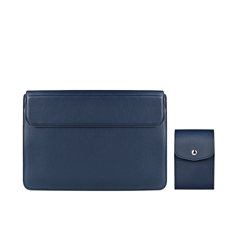 Blue leather sleeve and small pouch on a white background