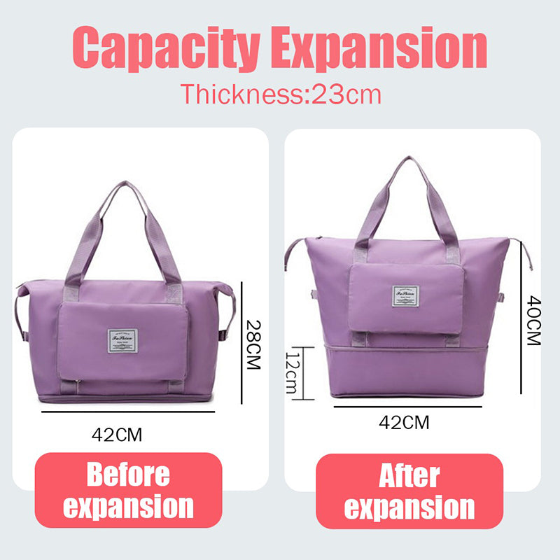 Purple bag showing before and after expansion with measurements on a white background
