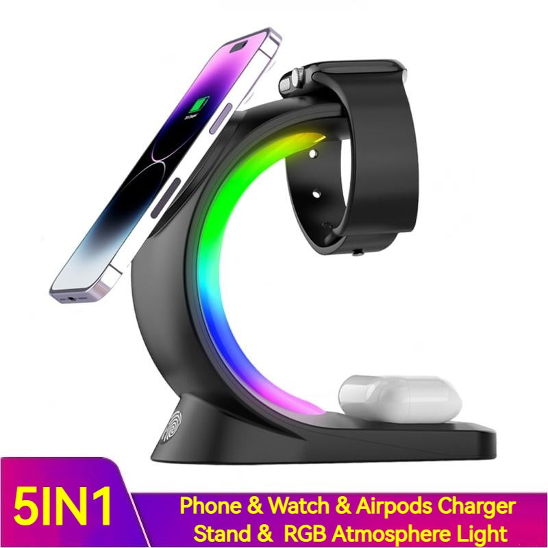 5-in-1 charging stand with phone, watch, and airpods support and RGB lighting.