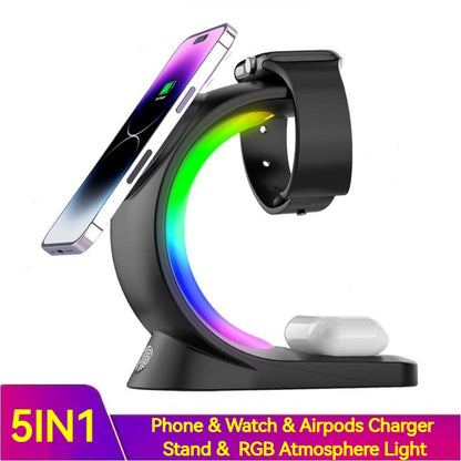5-in-1 charging stand with phone, watch, and airpods support and RGB lighting.