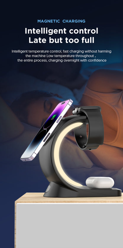 Magnetic charging stand with smartphone on a dark blue background