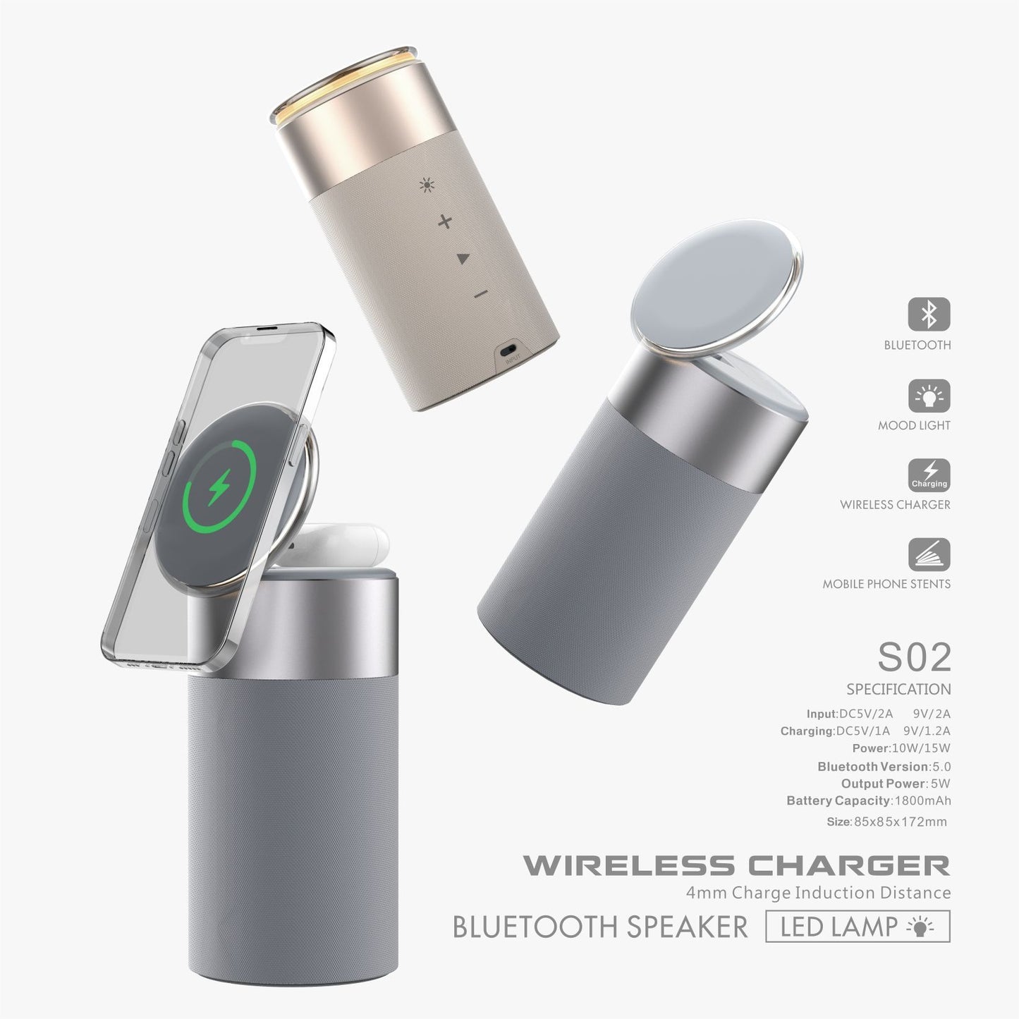 Wireless charger, Bluetooth speaker, and LED lamp on a white background