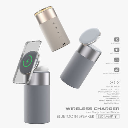 Wireless charger, Bluetooth speaker, and LED lamp on a white background