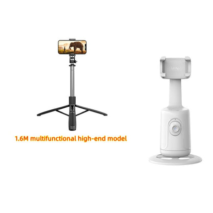 Multifunctional high-end smartphone camera stand with smartphone on screen and white holder on white background