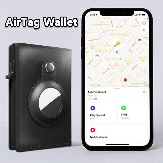 Black AirTag wallet with smartphone displaying AirTag app on a light gray background