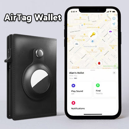Black AirTag wallet with smartphone displaying AirTag app on a light gray background