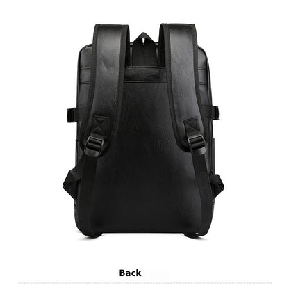 Black backpack shown from the back on a white background